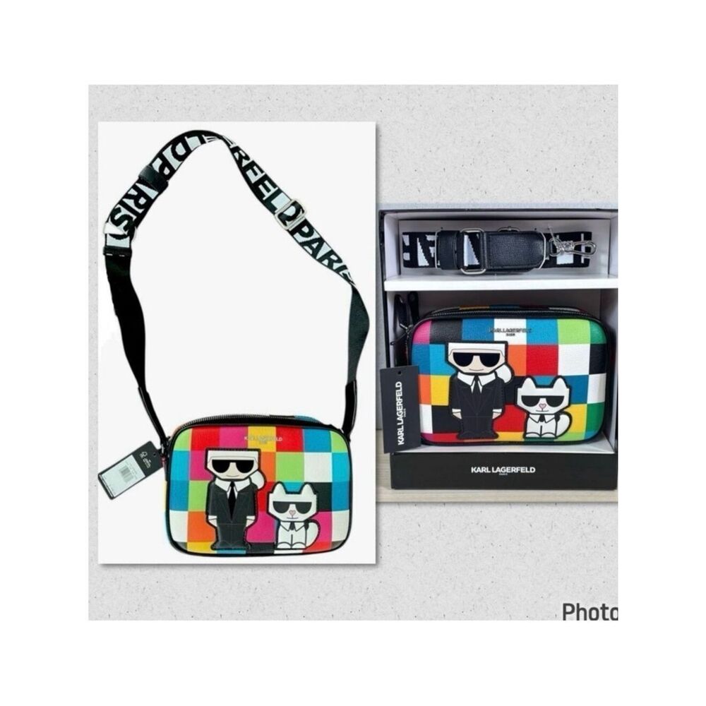 NWT Rare KARL LAGERFELD Cat Maybelle Camera Multi Color Crossbody Bag Gift  Box